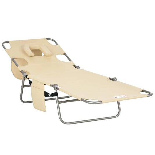 Outsunny Foldable Sun Lounger, Beach Chaise Lounge with Reading Hole, Arm Slots, 5-Position Adjustable Backrest, Side Pocket, Pillow for Garden, Beach, Camping 