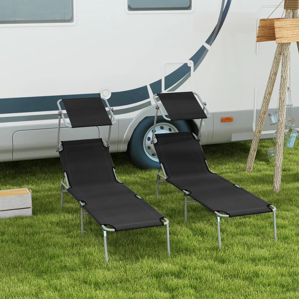 Outsunny Foldable Sun Lounger Set of 2 with Sun Shade & Adjustable Backrest - Black 1
