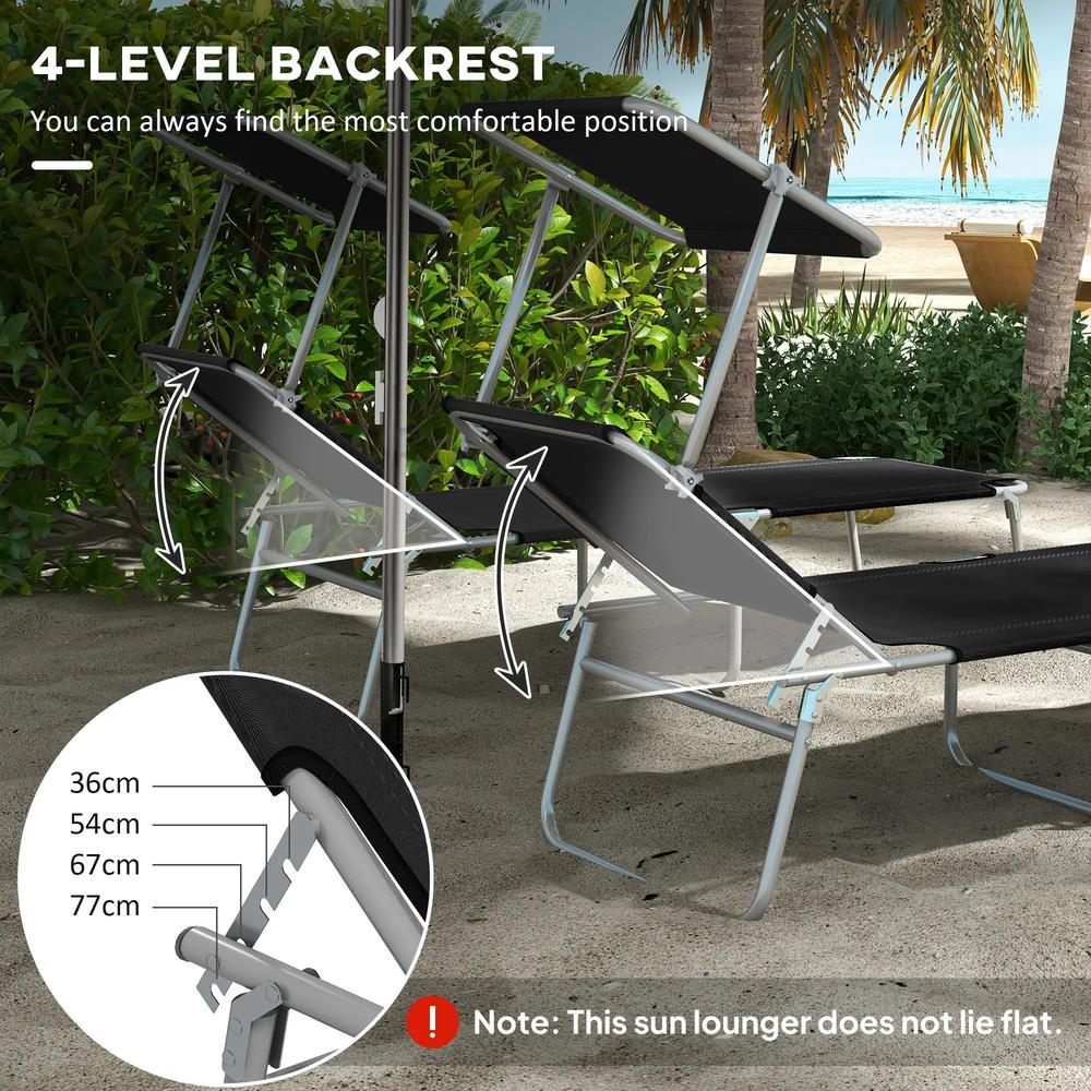 Outsunny Foldable Sun Lounger Set of 2 with Sun Shade & Adjustable Backrest - Black 3