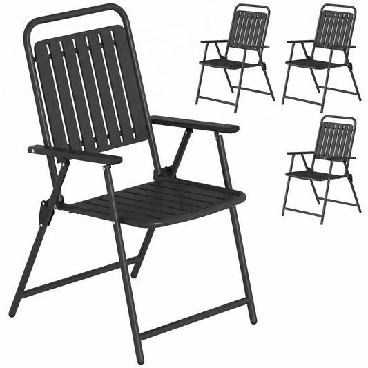 Outsunny Folding Garden Chairs, Garden Dining Chairs with Plastic Slatted Seat Back, Armrests, Steel Frame, Set of 4, Black 