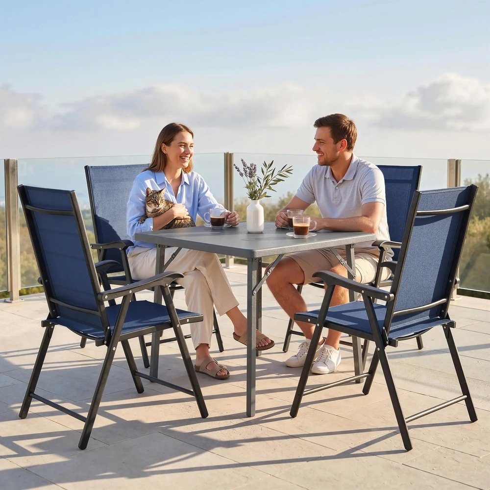 Outsunny Folding Garden Chairs Set of 4, Foldable Garden Dining Chairs with High Back, Armrests, Texteline Seat 13