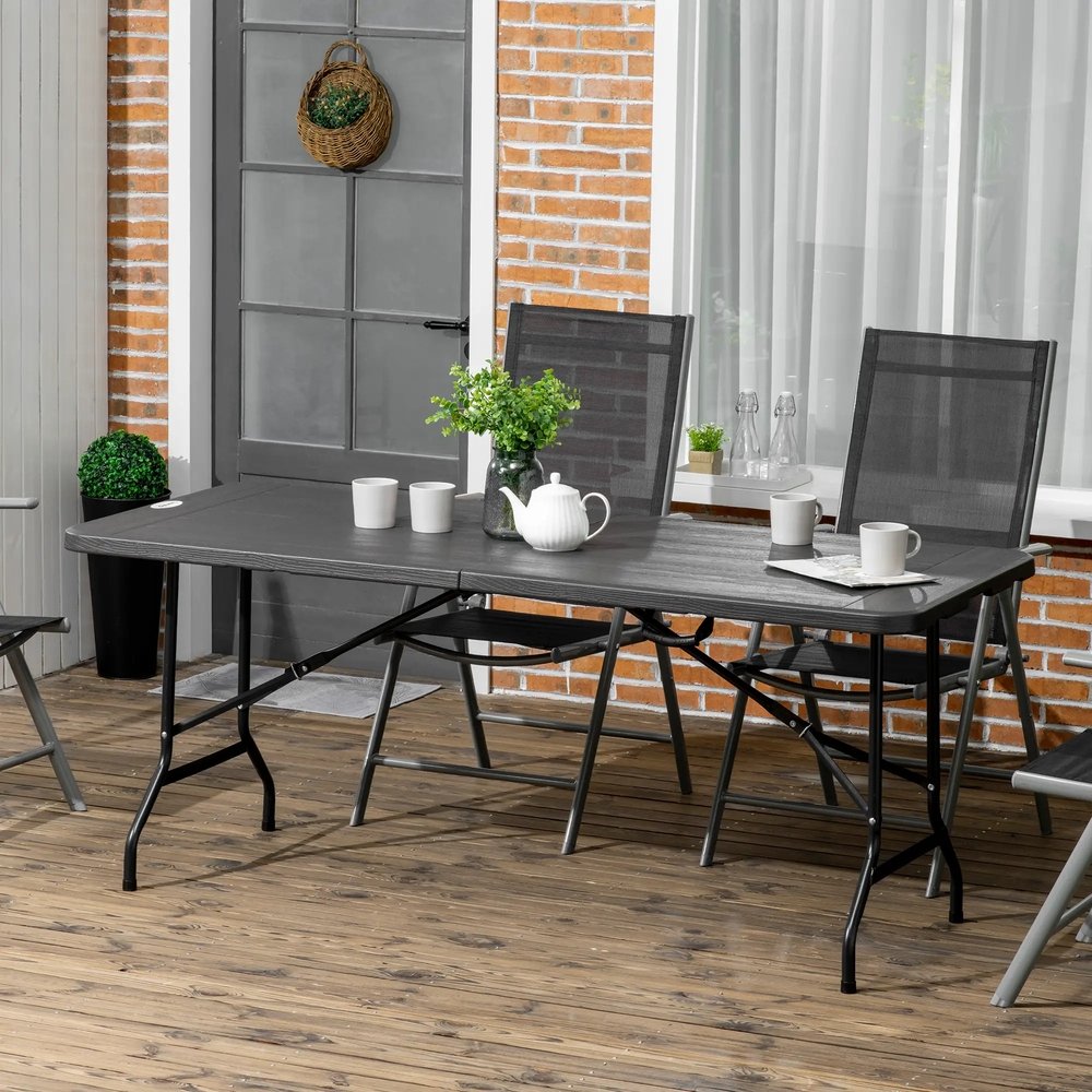 Outsunny Folding Garden Dining Table for 6, Rectangular Outdoor Dining Table with HDPE Tabletop, Foldable Garden Table with Steel Frame for Balcony, Porch, Charcoal Grey 1