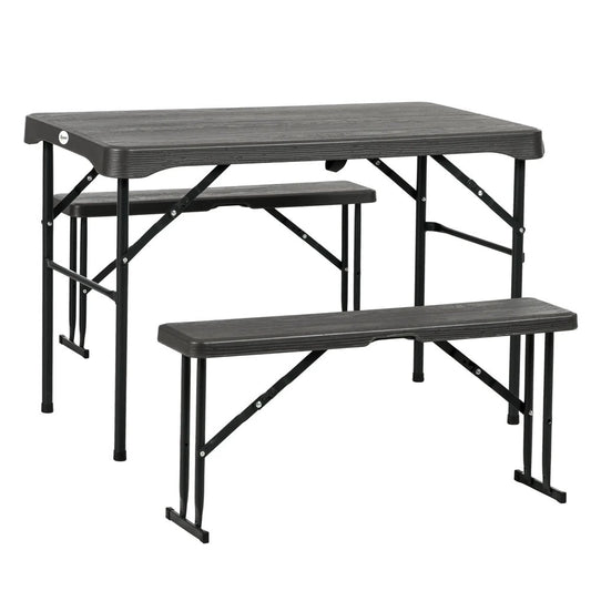 Outsunny Folding Picnic Table with 2 Benches, 3-Piece Portable Garden Furniture Set for 4, Dining Table Set with Plastic Top, Steel Frame, Dark Grey 