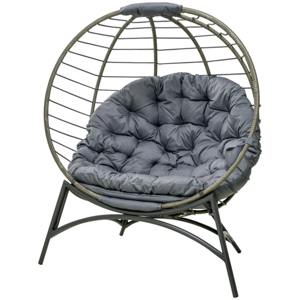 Outsunny Folding Rattan Egg Chair, Freestanding Basket Chair with Cushion, Bottle Holder Bag for Outdoor or Indoor, Grey