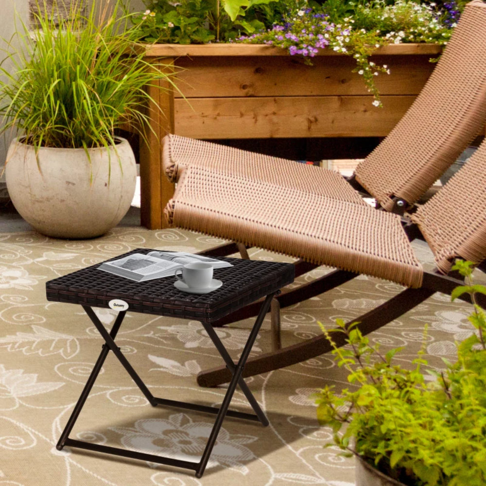 Outsunny Folding Rattan Garden Coffee Table, Small Square Outdoor Bistro Side Table with Rattan Top for Patio, Balcony, Porch, 40 x 40 x 40 cm, Brown