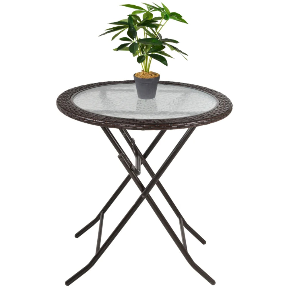 Outsunny Folding Rattan Garden Dining Table, 68 cm Round Rattan Garden Table with Water Ripple Tempered Glass Top, Wicker Edging and Steel Frame for Outdoor, Patio, Brown