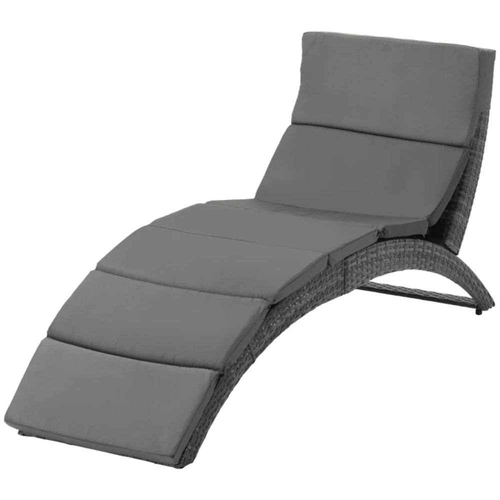 Outsunny Folding Sun Lounger, PE Rattan Garden Lounger Chair with Soft Padded Cushion, Ergonomic Curved Design Sun Bed for Balcony, Garden, Grey