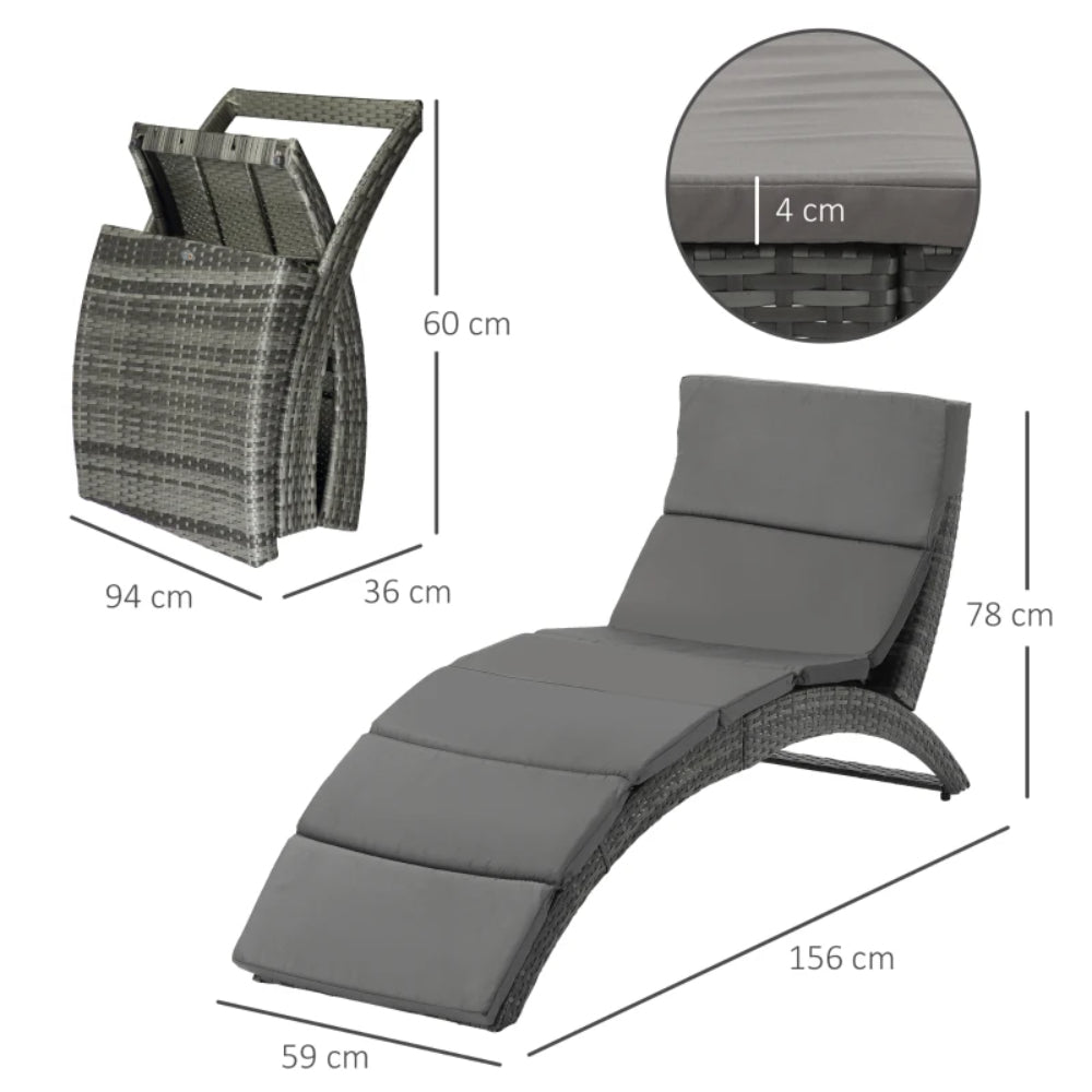 Outsunny Folding Sun Lounger, PE Rattan Garden Lounger Chair with Soft Padded Cushion, Ergonomic Curved Design Sun Bed for Balcony, Garden, Grey