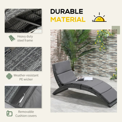Outsunny Folding Sun Lounger, PE Rattan Garden Lounger Chair with Soft Padded Cushion, Ergonomic Curved Design Sun Bed for Balcony, Garden, Grey