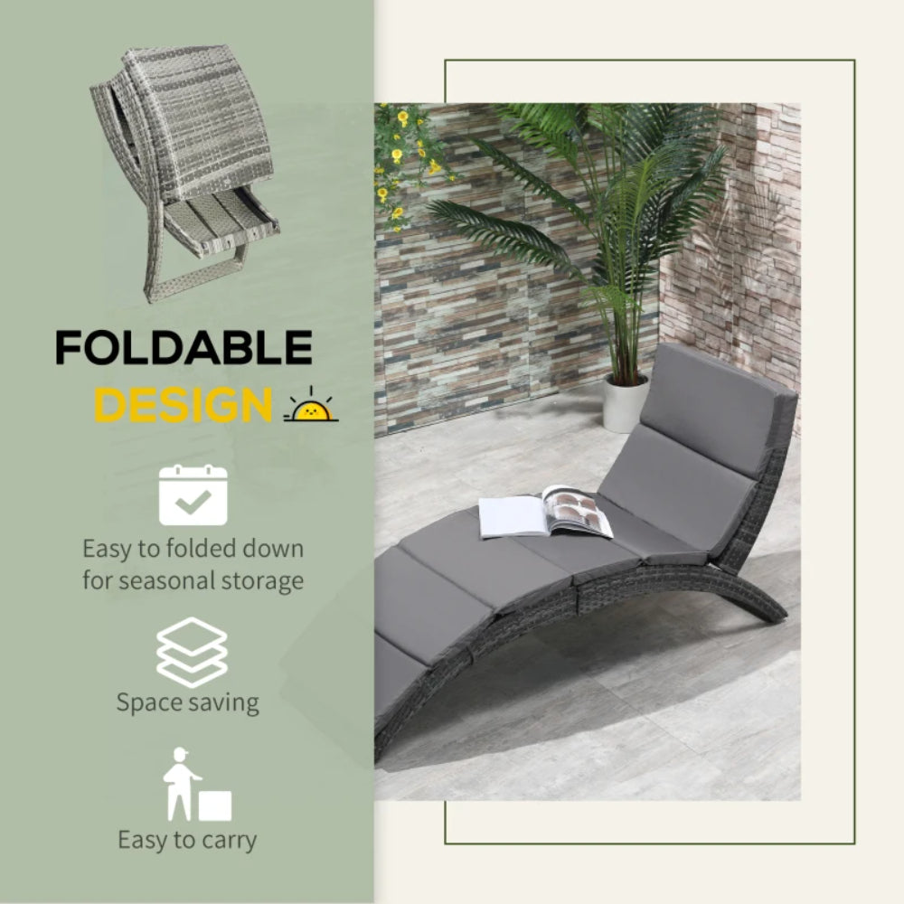Outsunny Folding Sun Lounger, PE Rattan Garden Lounger Chair with Soft Padded Cushion, Ergonomic Curved Design Sun Bed for Balcony, Garden, Grey