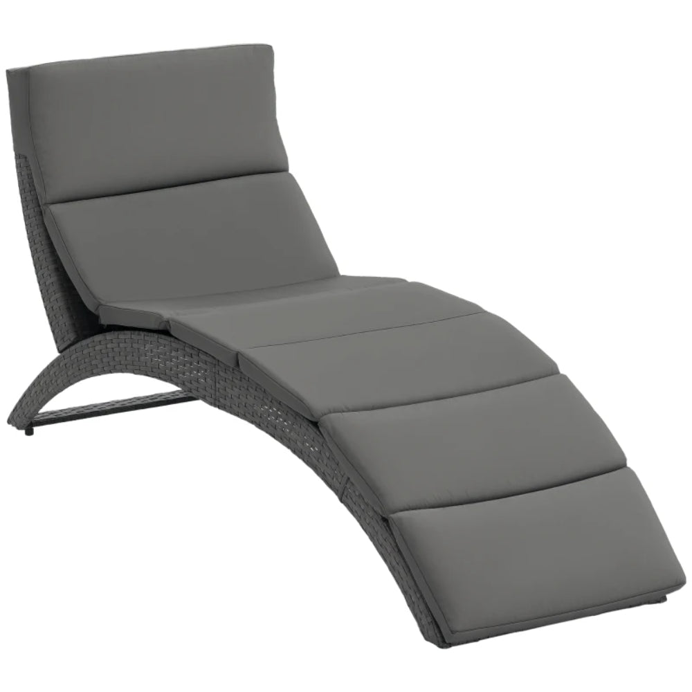 Outsunny Folding Sun Lounger, PE Rattan Garden Lounger Chair with Soft Padded Cushion, Ergonomic Curved Design Sun Bed for Balcony, Garden, Grey
