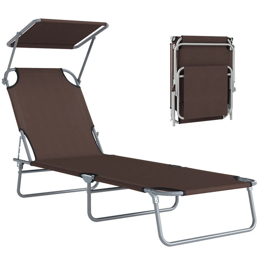 Outsunny Folding Sun Lounger with Canopy, Reclining Sunbed with 4-Position Adjustable Backrest, 600D Oxford Cloth, Portable Garden Lounger Recliner Chair for Beach, Camping, Patio 