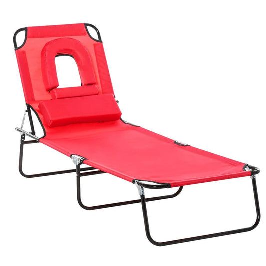 Outsunny Folding Sun Lounger with Face Hole, 4-Position Adjustable Backrest Garden Recliner Chair Sunbed, Outdoor Lounge Chair with 600 D Oxford Cloth Seat, Pillow for Beach 