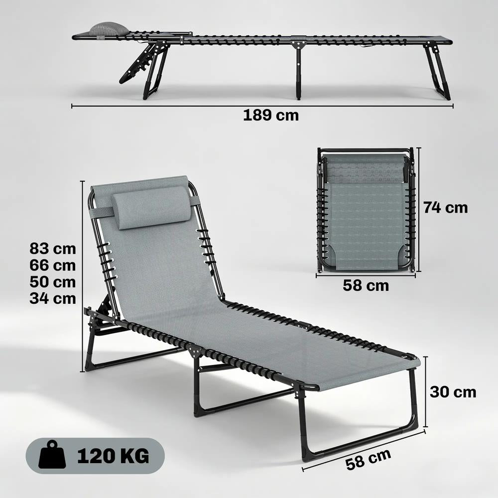 Outsunny Folding Sun Lounger, with Four-Position Back - Light Grey 2