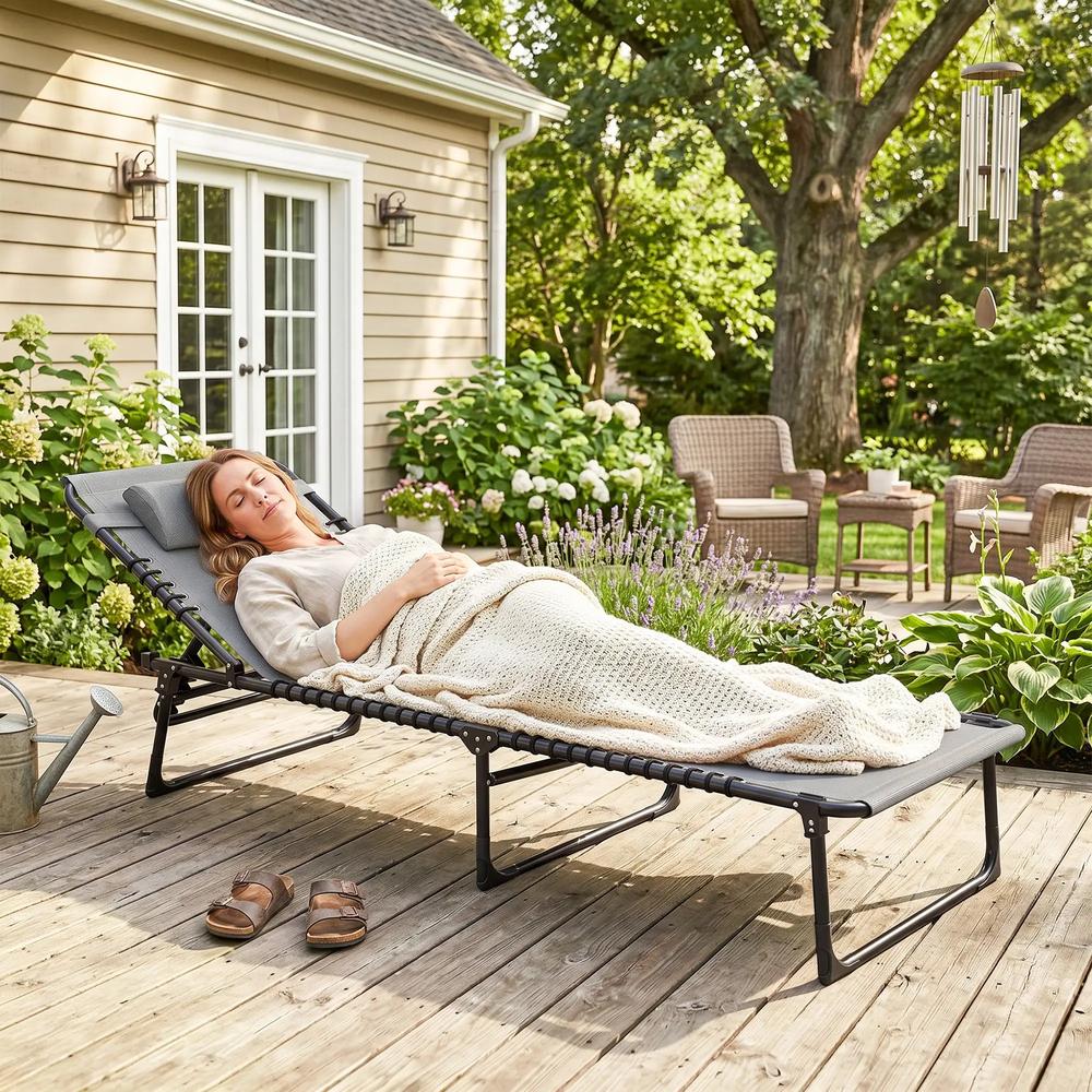 Outsunny Folding Sun Lounger, with Four-Position Back - Light Grey 7