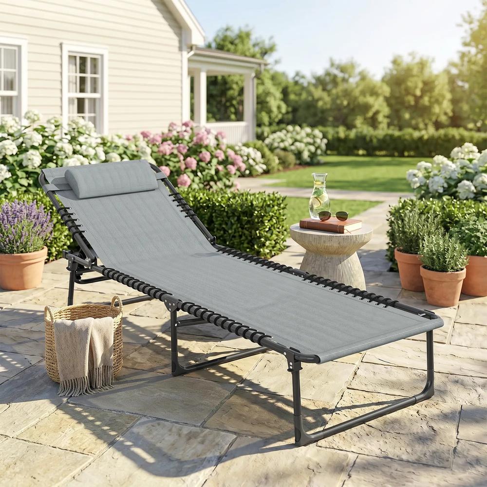 Outsunny Folding Sun Lounger, with Four-Position Back - Light Grey 9