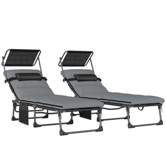 Outsunny Folding Sun Loungers Set of 2 with Canopy, Reclining Sunbed with Cushion, Side Pocket, Carrying Handle 