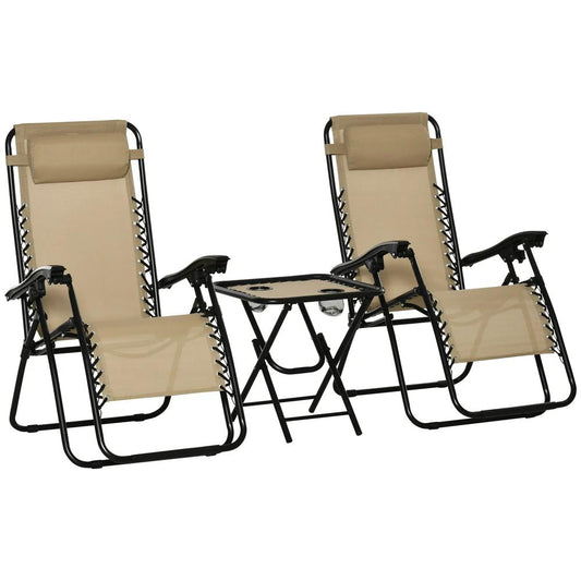 Outsunny Folding Zero Gravity Chairs, 3 Pieces Adjustable Sun Lounger and Table Set with Cup Holder and Headrest, Patio Bistro Set with Reclining Garden Chairs for Outdoor 
