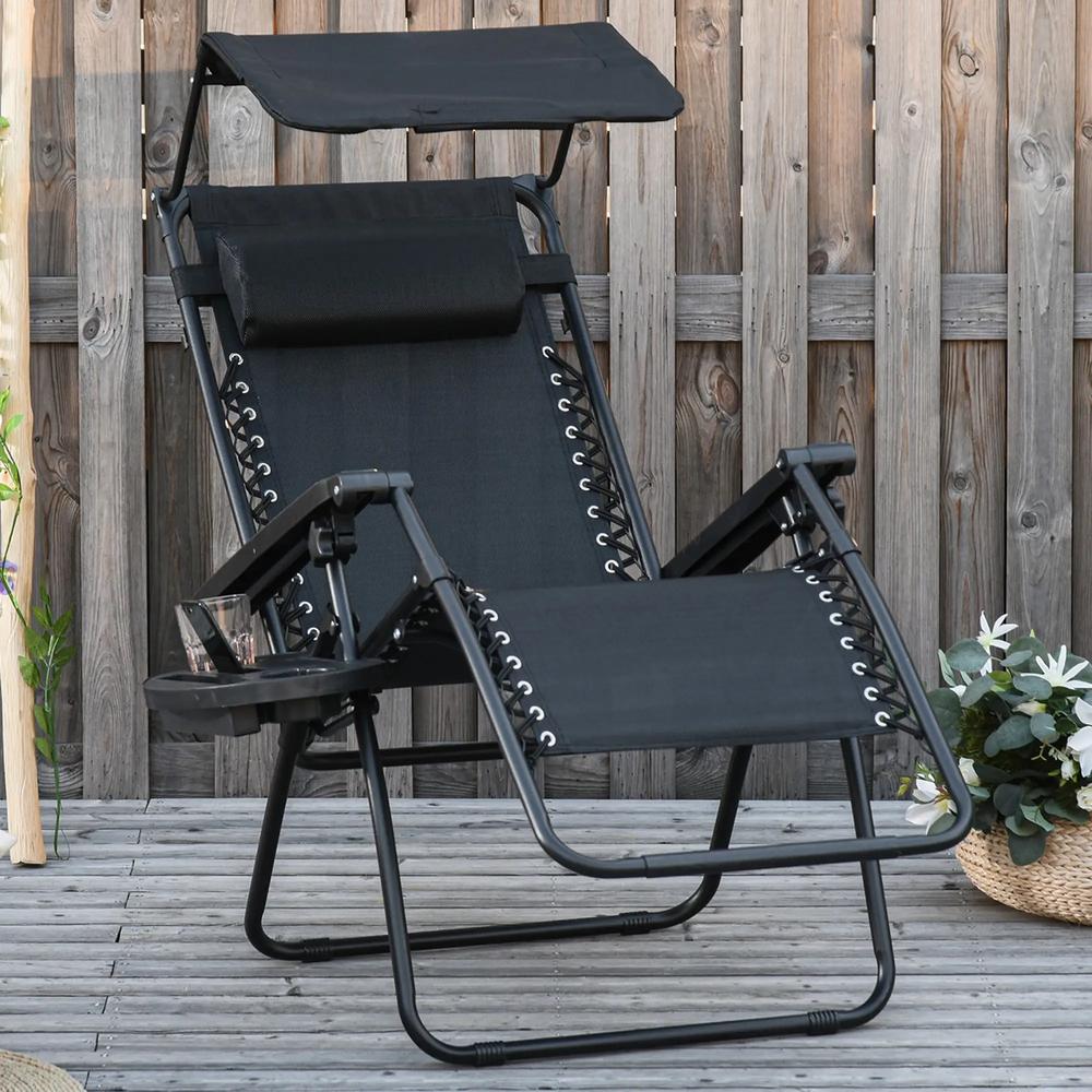 Outsunny Folding Zero Gravity Sun Lounger, with Sun Canopy - Black 1