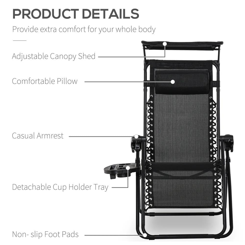 Outsunny Folding Zero Gravity Sun Lounger, with Sun Canopy - Black 3