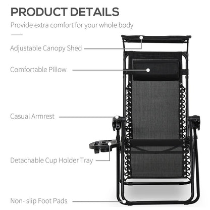 Outsunny Folding Zero Gravity Sun Lounger, with Sun Canopy - Black 3