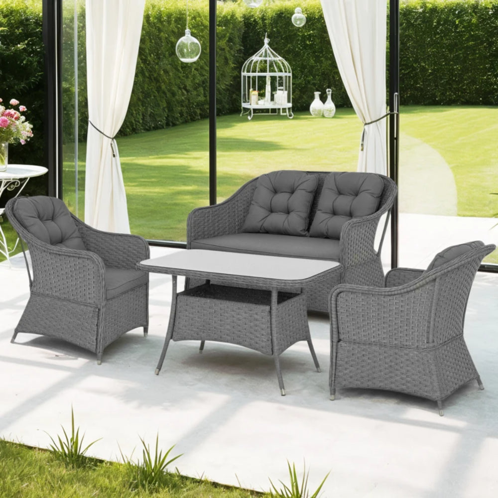 Outsunny Four-Piece Rattan Set, with Glass-Top Table