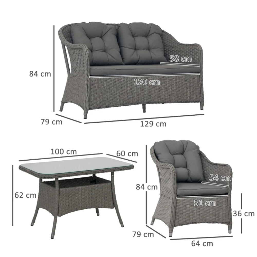 Outsunny Four-Piece Rattan Set, with Glass-Top Table