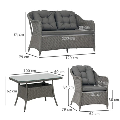 Outsunny Four-Piece Rattan Set, with Glass-Top Table