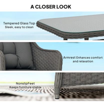 Outsunny Four-Piece Rattan Set, with Glass-Top Table