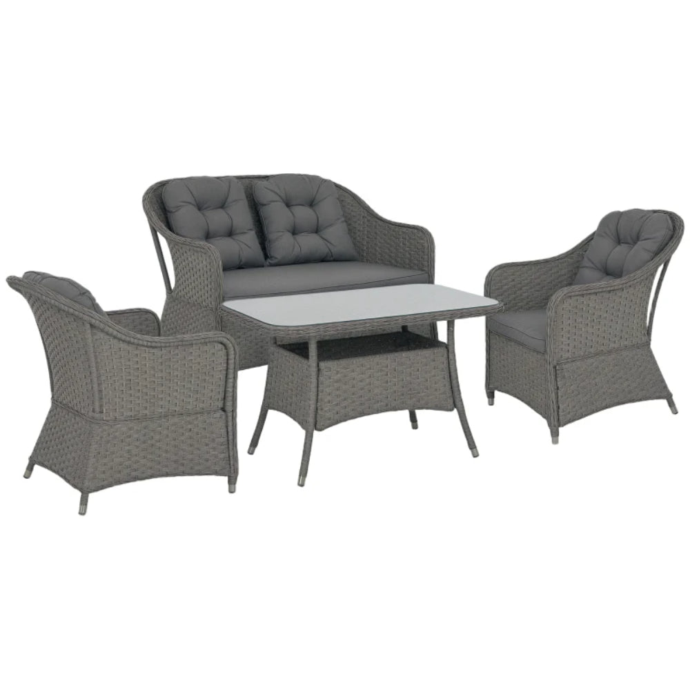 Outsunny Four-Piece Rattan Set, with Glass-Top Table