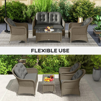 Outsunny Four-Piece Rattan Sofa Set, with Glass-Top Table - Light Grey