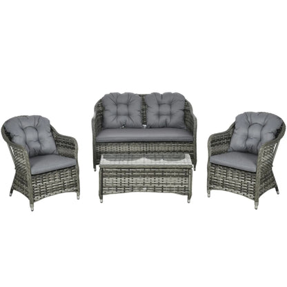 Outsunny Four-Piece Rattan Sofa Set, with Glass-Top Table - Mixed Grey