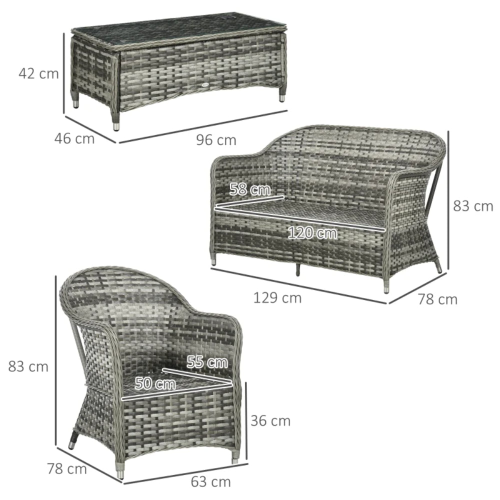 Outsunny Four-Piece Rattan Sofa Set, with Glass-Top Table - Mixed Grey