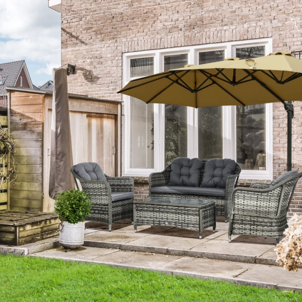 Outsunny Four-Piece Rattan Sofa Set, with Glass-Top Table - Mixed Grey