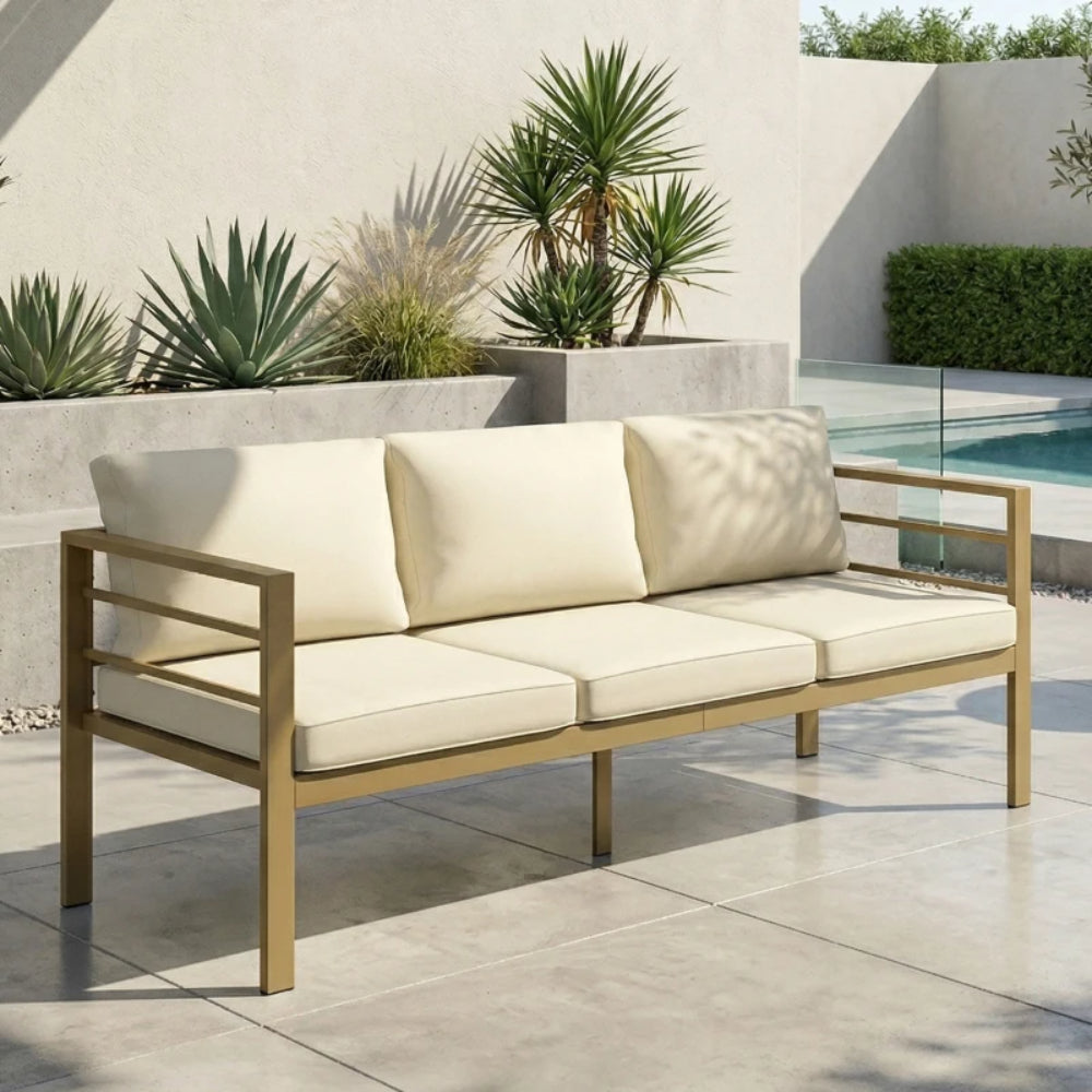 Outsunny Garden Bench with Cushions, 3-Seater Sofa with Backrest, Armrest and Back Cushions, 185 x 66 x 64cm, Cream White