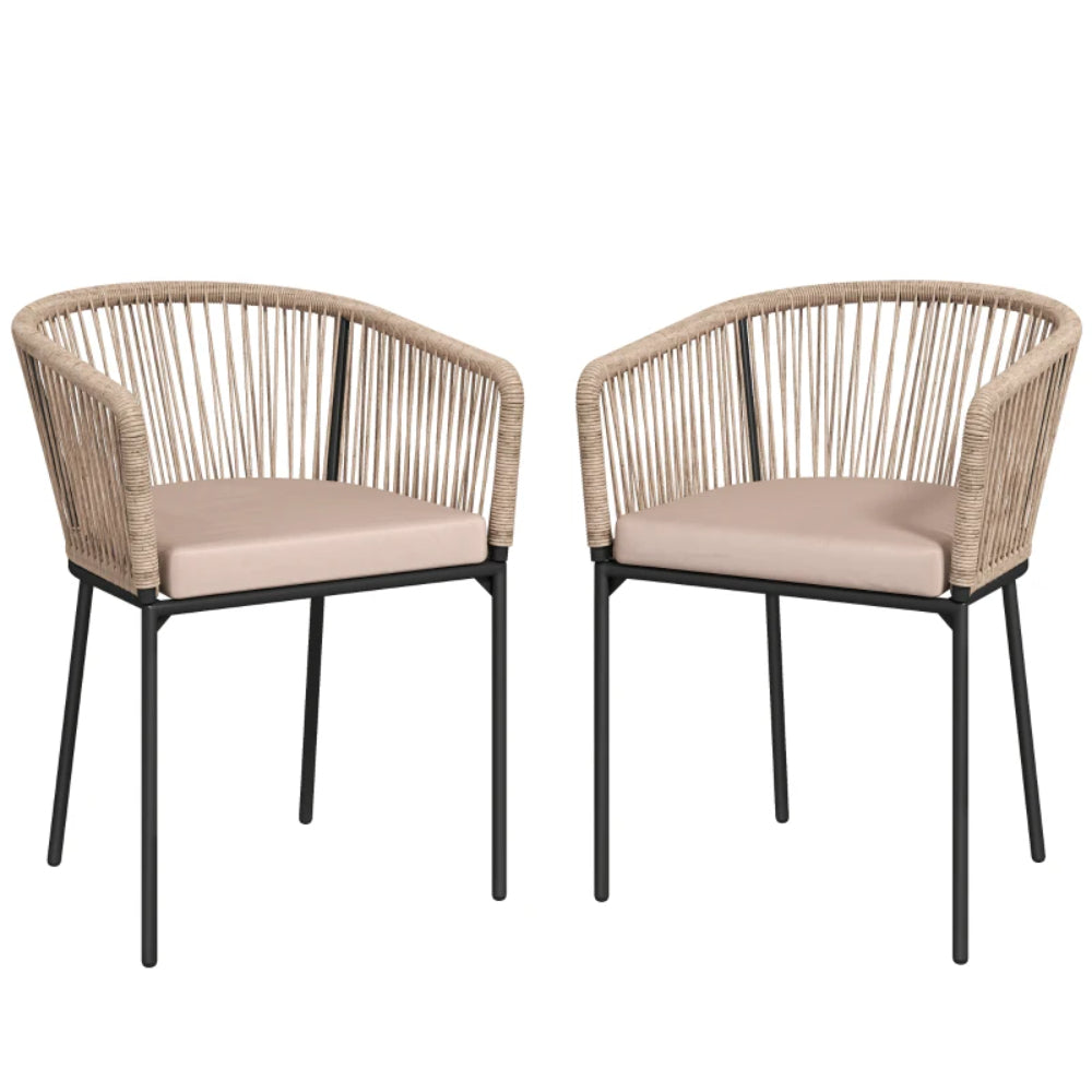 Outsunny Garden Chairs Set of 2, Rattan Garden Dining Chairs with String Back Armrests, Cushions, Natural Wood Finish