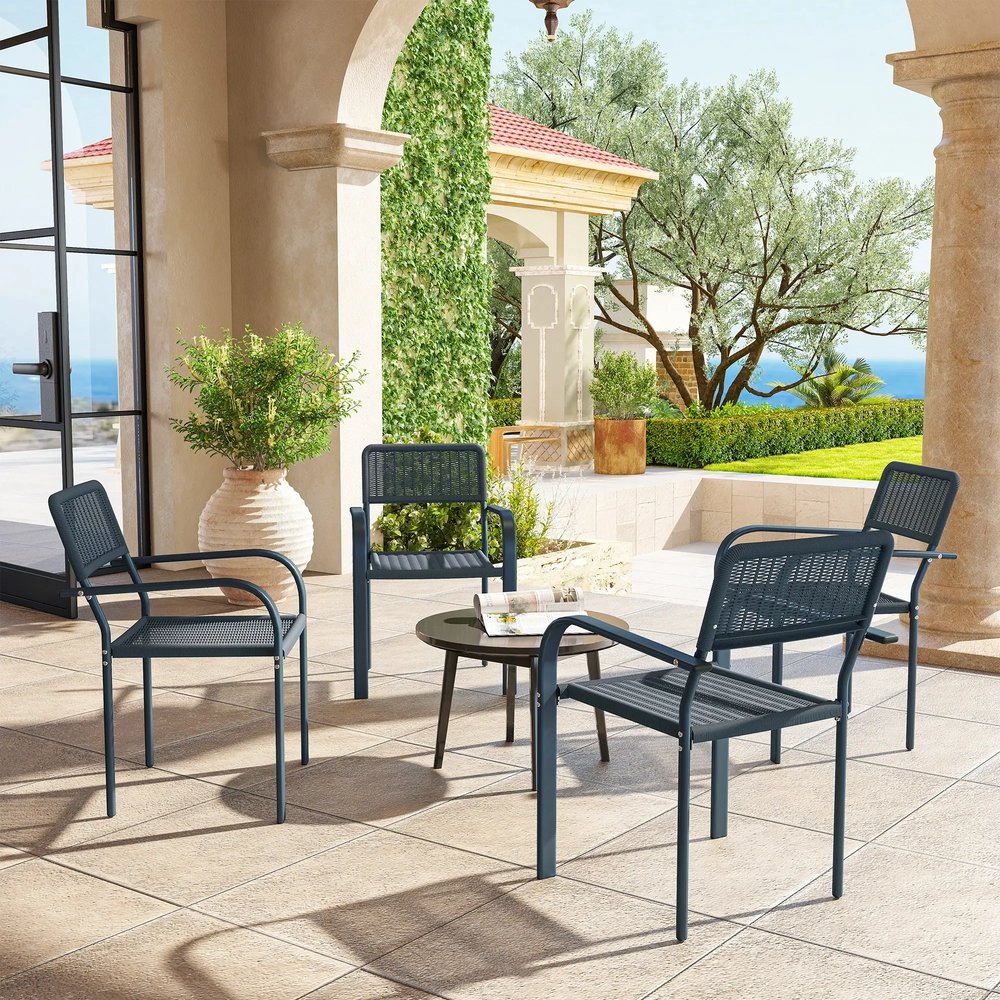 Outsunny Garden Chairs Set of 4, Stackable Rattan Effect Dining Chairs with Armrest, Weather Resistant and Lightweight Outdoor Furniture Armchairs for Patio, Balcony, Terrace, Dark Grey 1