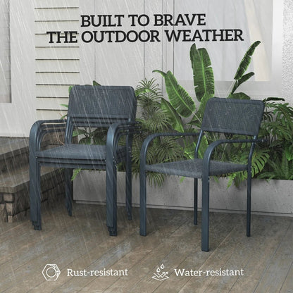 Outsunny Garden Chairs Set of 4, Stackable Rattan Effect Dining Chairs with Armrest, Weather Resistant and Lightweight Outdoor Furniture Armchairs for Patio, Balcony, Terrace, Dark Grey 4