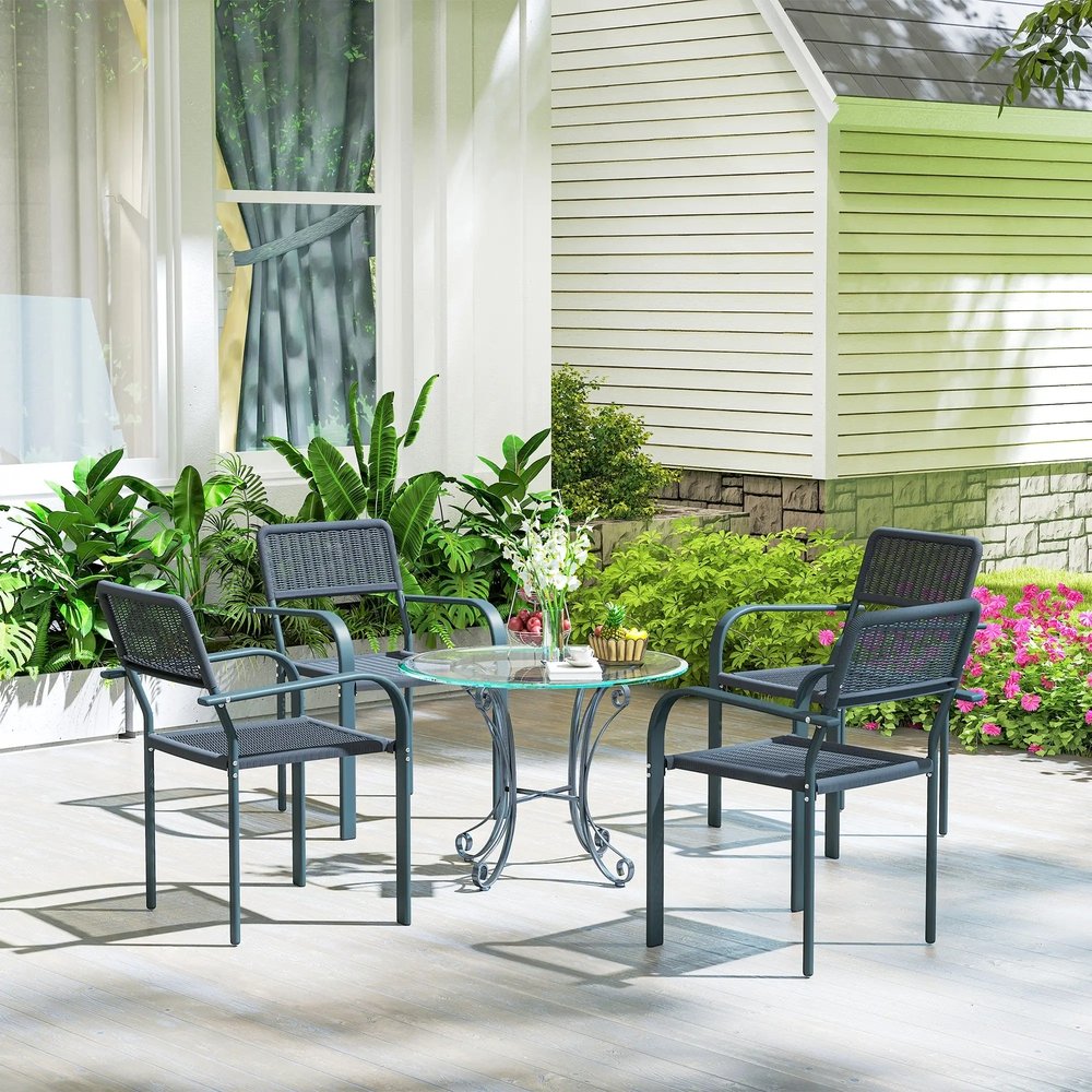 Outsunny Garden Chairs Set of 4, Stackable Rattan Effect Dining Chairs with Armrest, Weather Resistant and Lightweight Outdoor Furniture Armchairs for Patio, Balcony, Terrace, Dark Grey 8