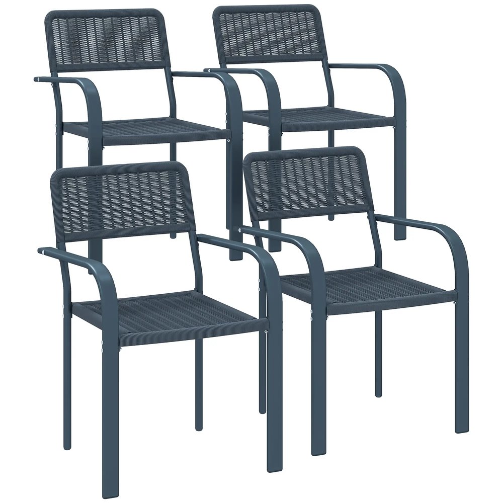Outsunny Garden Chairs Set of 4, Stackable Rattan Effect Dining Chairs with Armrest, Weather Resistant and Lightweight Outdoor Furniture Armchairs for Patio, Balcony, Terrace, Dark Grey 