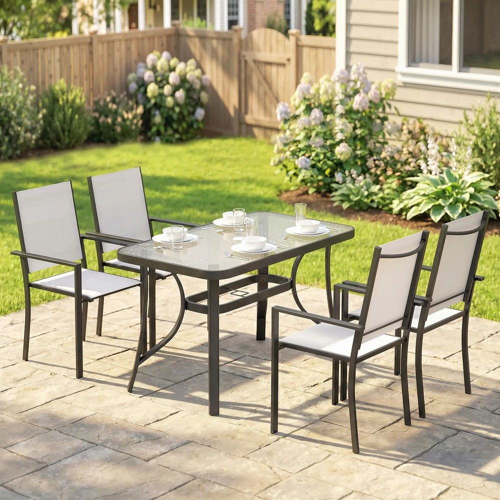 Outsunny Garden Dining Set for 4 with Umbrella Hole, Stackable Chairs and Rectangular Glass-Top Outdoor Table, Light Grey 1