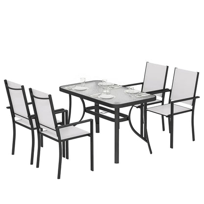 Outsunny Garden Dining Set for 4 with Umbrella Hole, Stackable Chairs and Rectangular Glass-Top Outdoor Table, Light Grey 10