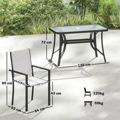 Outsunny Garden Dining Set for 4 with Umbrella Hole, Stackable Chairs and Rectangular Glass-Top Outdoor Table, Light Grey 2