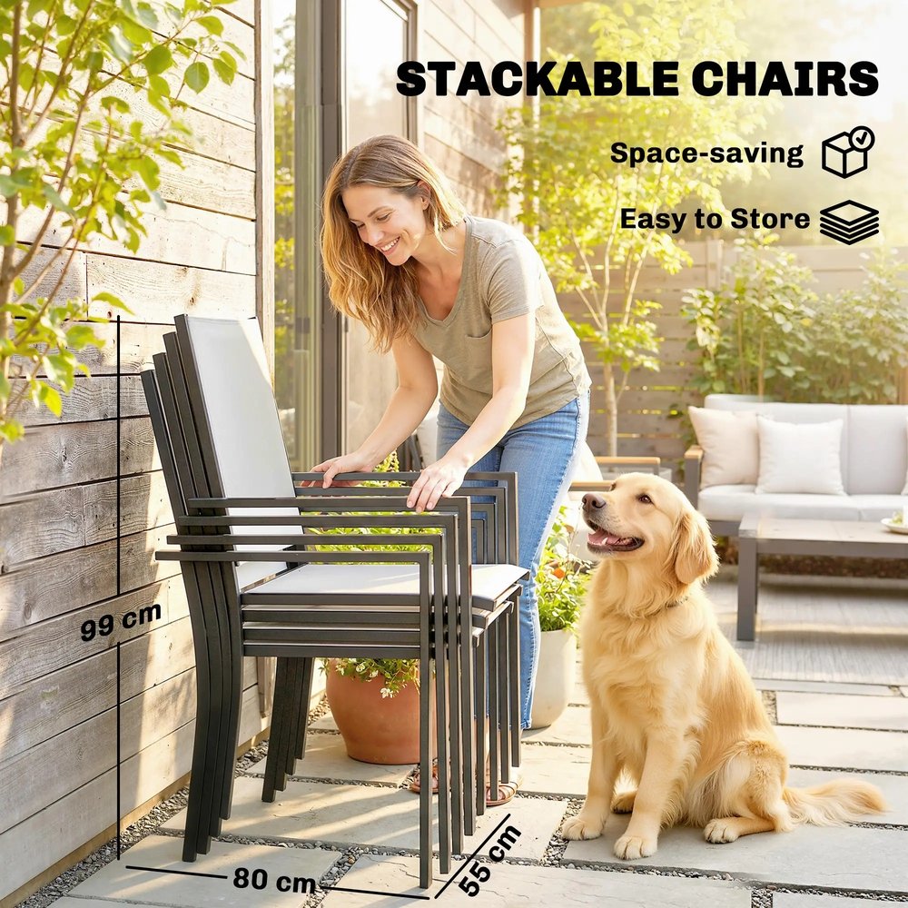 Outsunny Garden Dining Set for 4 with Umbrella Hole, Stackable Chairs and Rectangular Glass-Top Outdoor Table, Light Grey 4
