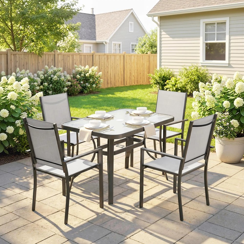 Outsunny Garden Dining Set for 4 with Umbrella Hole, Stackable Chairs and Rectangular Glass-Top Outdoor Table, Light Grey 8