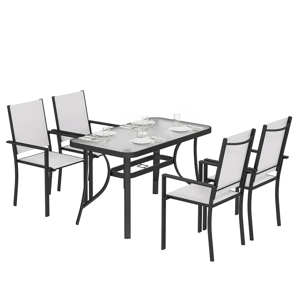 Outsunny Garden Dining Set for 4 with Umbrella Hole, Stackable Chairs and Rectangular Glass-Top Outdoor Table, Light Grey 9