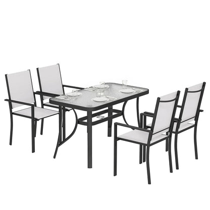 Outsunny Garden Dining Set for 4 with Umbrella Hole, Stackable Chairs and Rectangular Glass-Top Outdoor Table, Light Grey 9