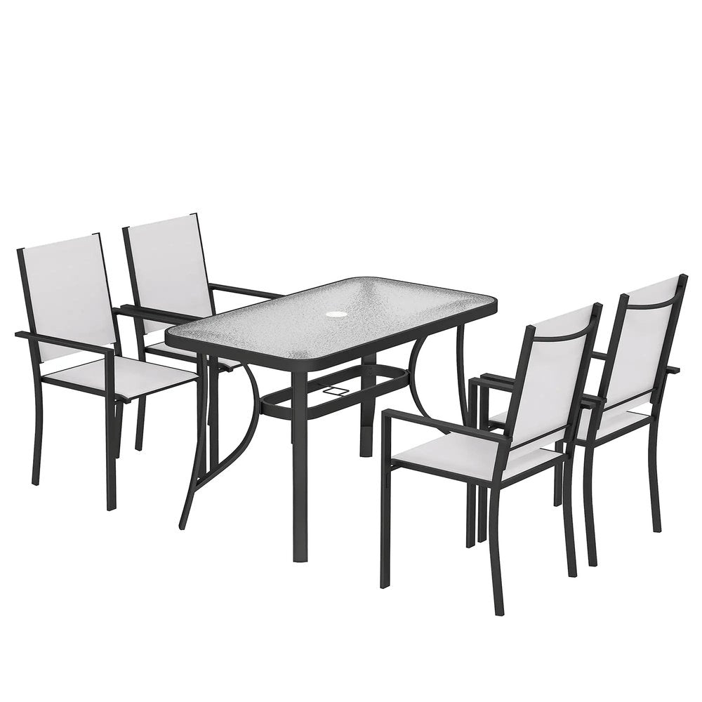 Outsunny Garden Dining Set for 4 with Umbrella Hole, Stackable Chairs and Rectangular Glass-Top Outdoor Table, Light Grey 