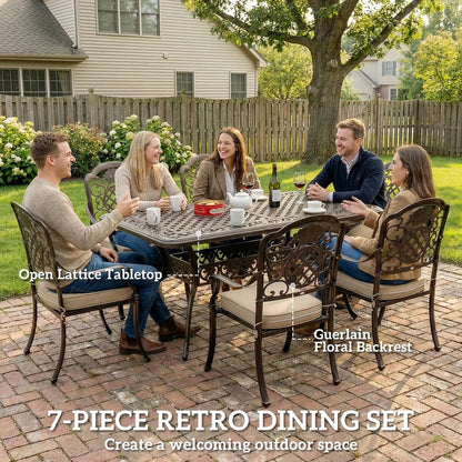 Outsunny Garden Dining Set for 6, Cast Aluminium Outdoor Table and Chairs Set with Cushions, Parasol Hole for Patio, Bronze Tone 3