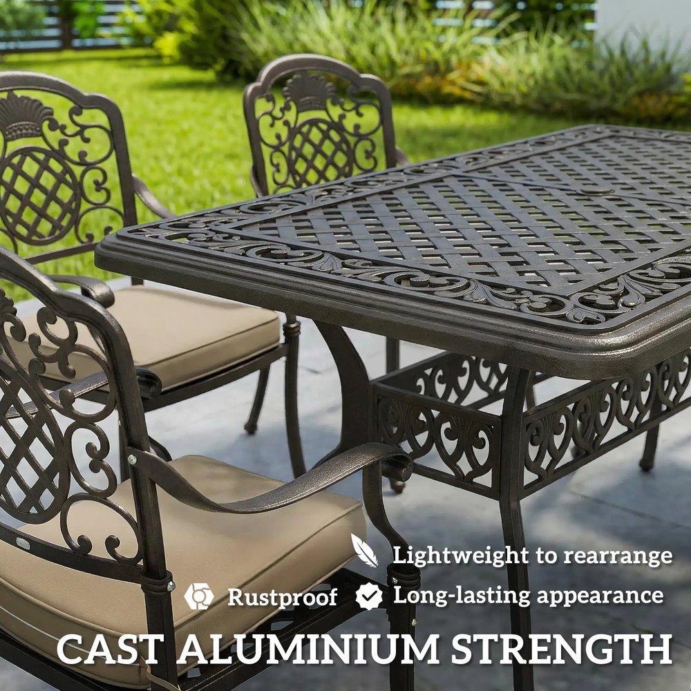 Outsunny Garden Dining Set for 6, Cast Aluminium Outdoor Table and Chairs Set with Cushions, Parasol Hole for Patio, Bronze Tone 4